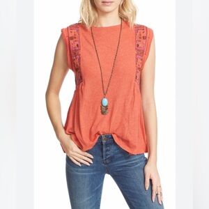 Free People sleeveless tee orange purple embroidered boho bohemian small